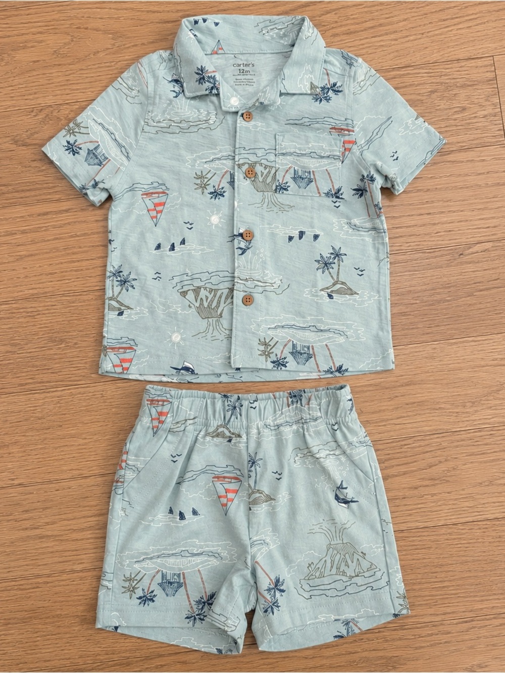 Carter's Light Blue Tropical Sailboat Pajama Set size 12M